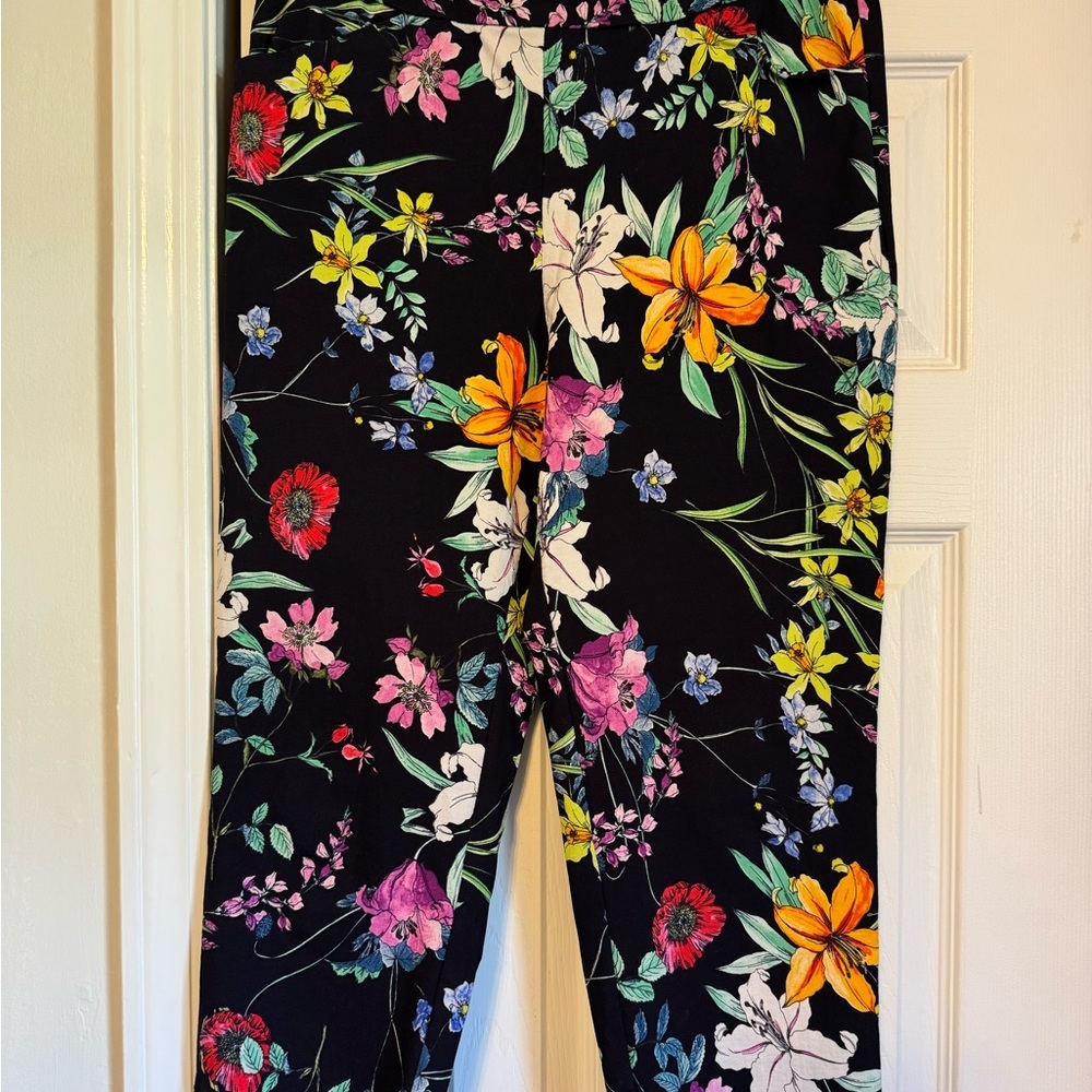 Tribal Floral Print Womens Capri Pants Sz 10 Dark Navy Blue Multi Color Flowers - Picture 2 of 9